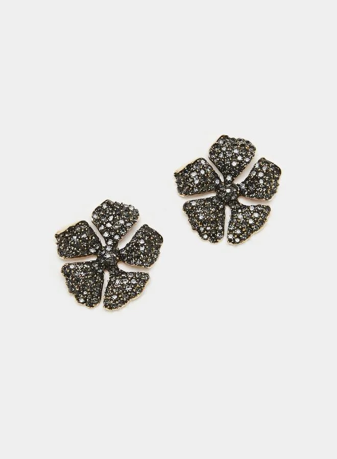 Styli  Black Diamante Flower Stud Earrings for Women | Best Price UAE
